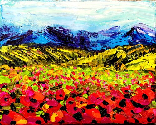 Poppies field - landscape whit poppies van Aliaksandra Tsesarskaya, Schilderij te koop op Singulart