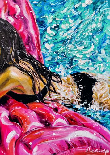 Suny day at the pool - girl at the pool par Aliaksandra Tsesarskaya, Peinture en vente sur Singulart