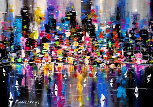 Night new York cityscape - colorful new York von Aliaksandra Tsesarskaya, Malerei kaufen auf Singulart