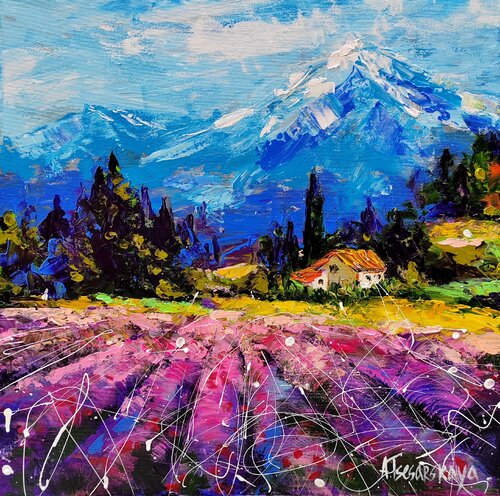 Lavander field with mountain von Aliaksandra Tsesarskaya, Malerei kaufen auf Singulart