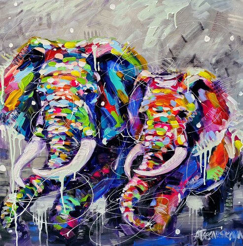 Wild elephants - colorful elephants van Aliaksandra Tsesarskaya, Schilderij te koop op Singulart