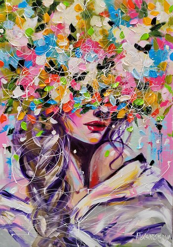 Miracle - colorful portrait woman de Aliaksandra Tsesarskaya, Pintura a la venta en Singulart