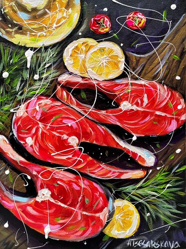 Salmon - food painting, fish painting by Aliaksandra Tsesarskaya, Painting for Sale on Singulart