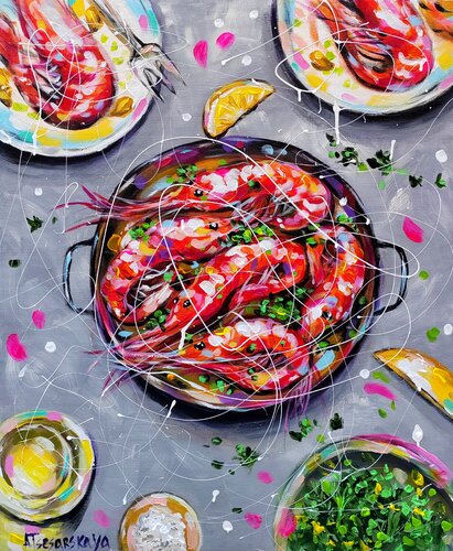 Prawns - food painting von Aliaksandra Tsesarskaya, Malerei kaufen auf Singulart