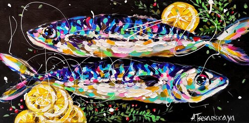 Fish and limón - food painting von Aliaksandra Tsesarskaya, Malerei kaufen auf Singulart