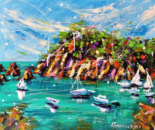 Palma de Mallorca - landscape whit boat von Aliaksandra Tsesarskaya, Malerei kaufen auf Singulart