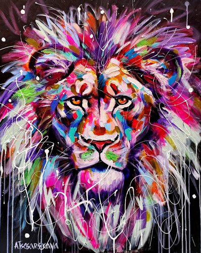 Lion - vild animal painting par Aliaksandra Tsesarskaya, Peinture en vente sur Singulart