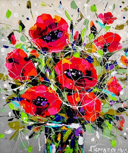 Poppies in vase - colorful textured flowers di Aliaksandra Tsesarskaya, Pittura in vendita su Singulart