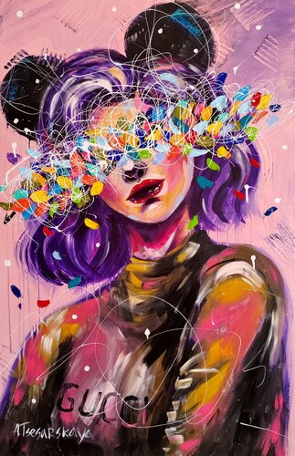 Girl and Gucci - colorful female portrait par Aliaksandra Tsesarskaya, Peinture en vente sur Singulart