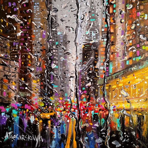 Rain in the city - rain in New York par Aliaksandra Tsesarskaya, Peinture en vente sur Singulart