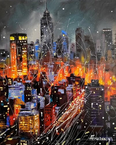 New York city in night light par Aliaksandra Tsesarskaya, Peinture en vente sur Singulart