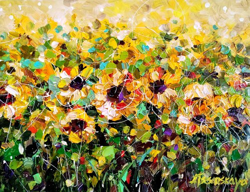 Sunflowers field - textured flowers van Aliaksandra Tsesarskaya, Schilderij te koop op Singulart
