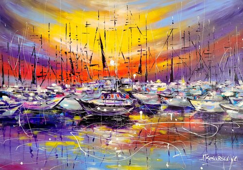 Sunset with boats par Aliaksandra Tsesarskaya, Peinture en vente sur Singulart