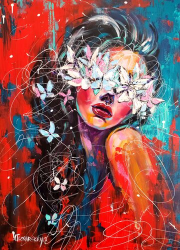 Butterfly effects - colorful portrait woman di Aliaksandra Tsesarskaya, Pittura in vendita su Singulart