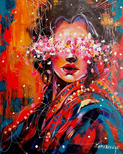 Geisha - colorful portrait woman von Aliaksandra Tsesarskaya, Malerei kaufen auf Singulart