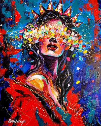 Red queen - colorful portrait woman par Aliaksandra Tsesarskaya, Peinture en vente sur Singulart