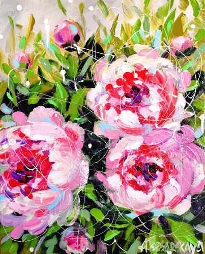 Peony - colorful flowers de Aliaksandra Tsesarskaya, Pintura a la venta en Singulart