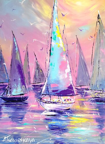 Sailboats in sunset par Aliaksandra Tsesarskaya, Peinture en vente sur Singulart