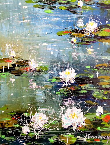 White water lilies - flowers in the lake par Aliaksandra Tsesarskaya, Peinture en vente sur Singulart