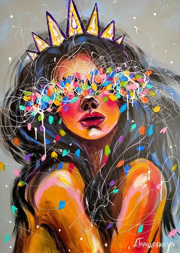 Young queen - colorful portrait woman de Aliaksandra Tsesarskaya, Pintura a la venta en Singulart