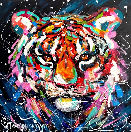 Tiger- colorful portrait tiger de Aliaksandra Tsesarskaya, Pintura a la venta en Singulart