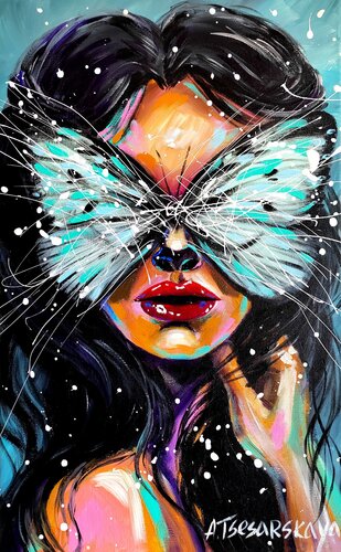 Girl with butterfly - colorful portrait woman par Aliaksandra Tsesarskaya, Peinture en vente sur Singulart