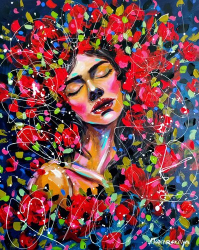 Girl with flowers - colorful portrait woman di Aliaksandra Tsesarskaya, Pittura in vendita su Singulart
