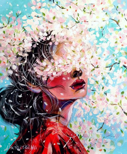 Sakura Blooming - portrait woman with flowers von Aliaksandra Tsesarskaya, Malerei kaufen auf Singulart