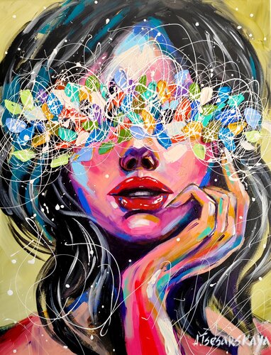 Mystery - colorful portrait woman par Aliaksandra Tsesarskaya, Peinture en vente sur Singulart