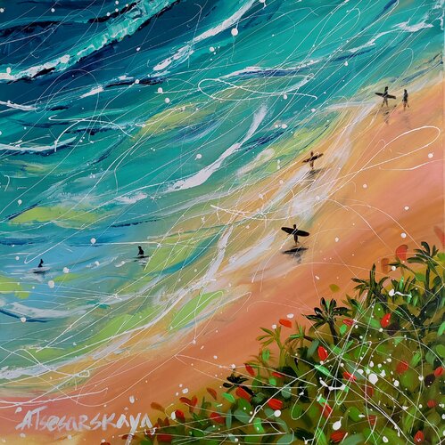 Summer vibes - seascape, beach, surfing par Aliaksandra Tsesarskaya, Peinture en vente sur Singulart