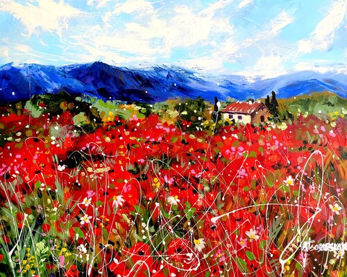 Landscape with wild flowers par Aliaksandra Tsesarskaya, Peinture en vente sur Singulart