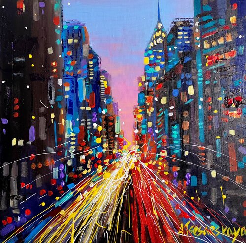 Night urban cityscape by Aliaksandra Tsesarskaya, Painting for Sale on Singulart