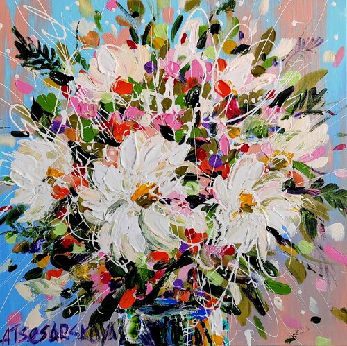 White flowers in vase de Aliaksandra Tsesarskaya, Pintura a la venta en Singulart