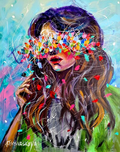 Girl with green jacket - colorful portrait woman par Aliaksandra Tsesarskaya, Peinture en vente sur Singulart