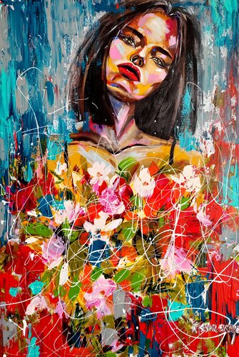 Red lips - colorful portrait woman with flowers by Aliaksandra Tsesarskaya, 회화 for Sale on Singulart