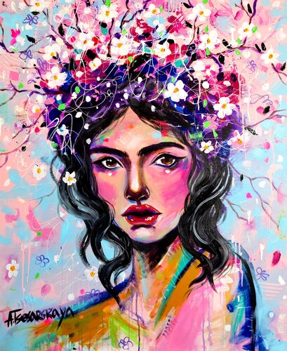 Geisha with Sakura flowers - colorful portrait woman par Aliaksandra Tsesarskaya, Peinture en vente sur Singulart