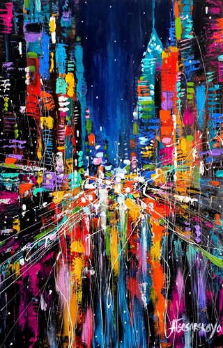 Night New York cityscape par Aliaksandra Tsesarskaya, Peinture en vente sur Singulart