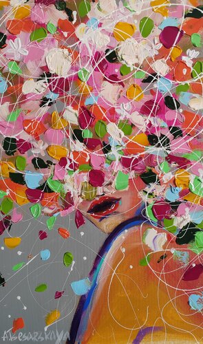 Autumn flowers in the head - colorful portrait woman par Aliaksandra Tsesarskaya, Peinture en vente sur Singulart