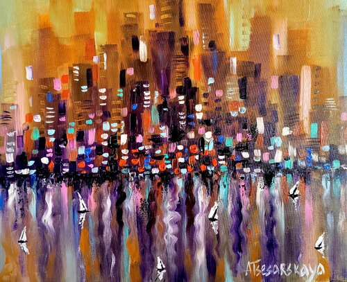 Golden cityscape - Sunset cityscape von Aliaksandra Tsesarskaya, Malerei kaufen auf Singulart