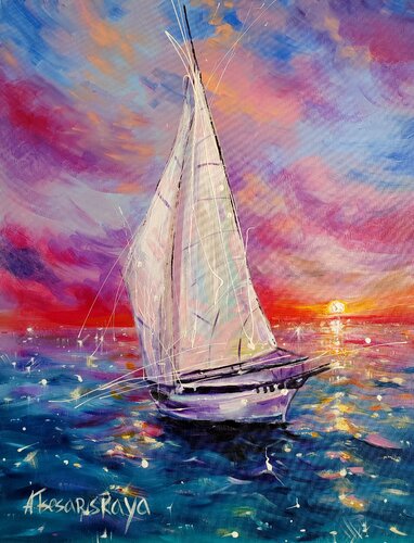 Sunset with sailboats - white boat von Aliaksandra Tsesarskaya, Malerei kaufen auf Singulart