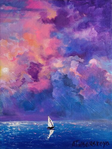 Violet sky with osean - sailboat by Aliaksandra Tsesarskaya, Painting for Sale on Singulart