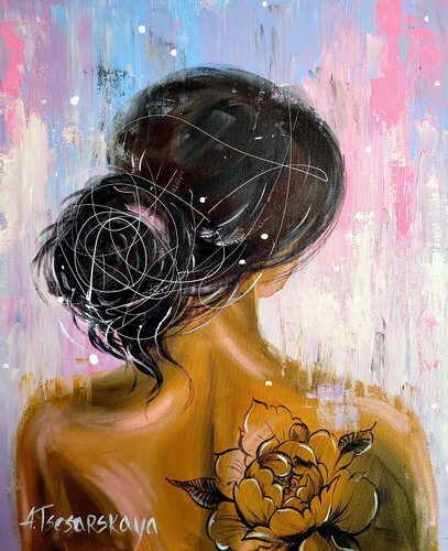 Sweet girl with tattoo - colorful portrait woman van Aliaksandra Tsesarskaya, Schilderij te koop op Singulart