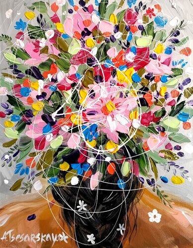 Flowers in my dreams - colorful portrait woman di Aliaksandra Tsesarskaya, Pittura in vendita su Singulart