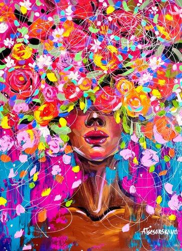 African girl with flowers par Aliaksandra Tsesarskaya, Peinture en vente sur Singulart