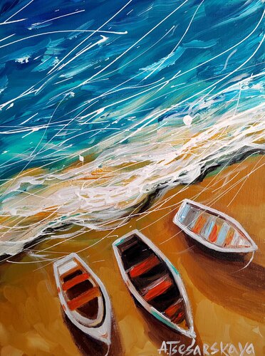 Summer time - sea with boats di Aliaksandra Tsesarskaya, Pittura in vendita su Singulart