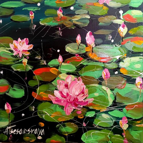 Lilies in the lake - colorful landscapes par Aliaksandra Tsesarskaya, Peinture en vente sur Singulart