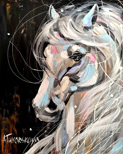 White horse - colorful portrait animal de Aliaksandra Tsesarskaya, Pintura a la venta en Singulart
