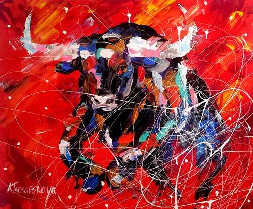 The bull - colorful portrait animal di Aliaksandra Tsesarskaya, Pittura in vendita su Singulart