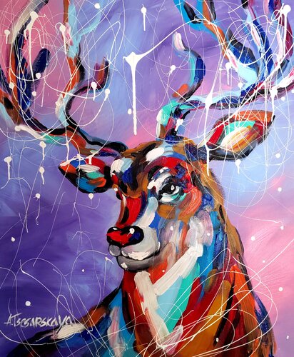 The deer - colorful portrait animal par Aliaksandra Tsesarskaya, Peinture en vente sur Singulart