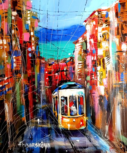 Lisbon - colorful cityscape de Aliaksandra Tsesarskaya, Pintura a la venta en Singulart